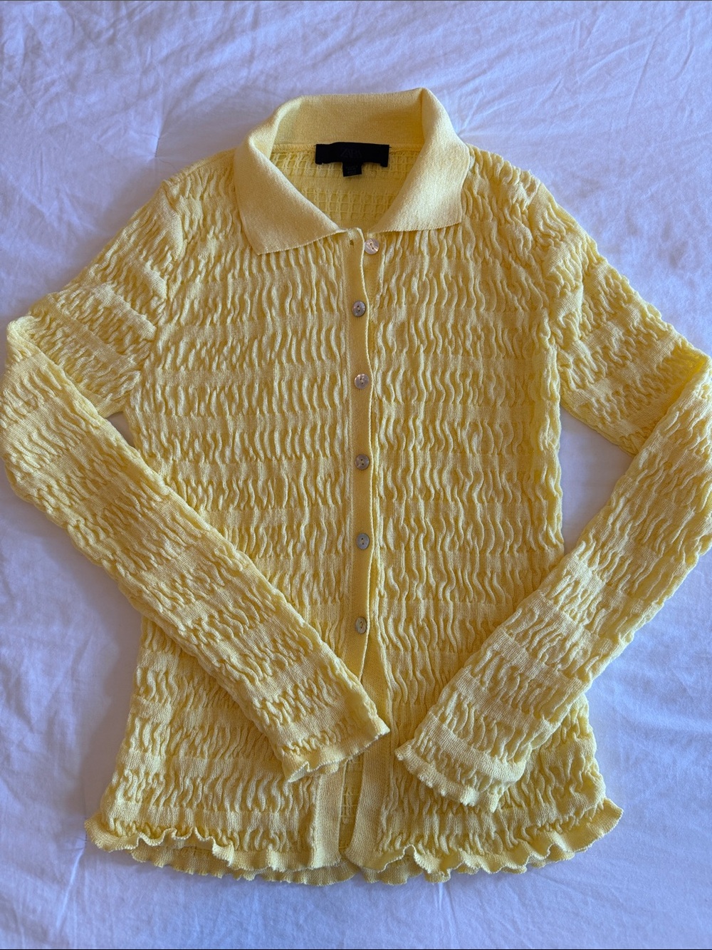 Zara Soft Yellow Textured Button-Up Top
